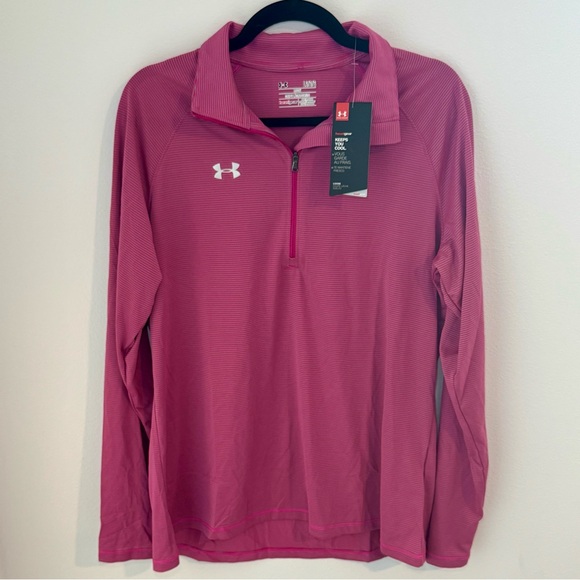 Under Armour 1/4 Zip Pullover – Pink & Gray Stripe ⭐️ NWT - Picture 1 of 4